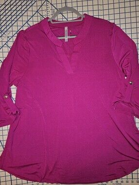 Dear Scarlett Women's Split-Neck Roll-Sleeve Top - Fuchsia